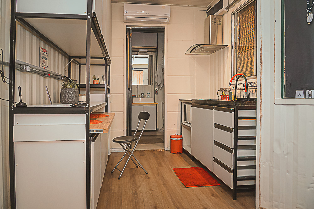 Kitchen and living area inside a container home
